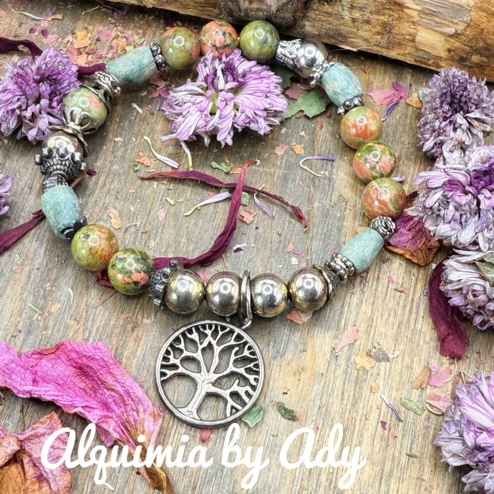 Alquimia Earthy Tones Bracelet with Silver Tree Charm unakite
